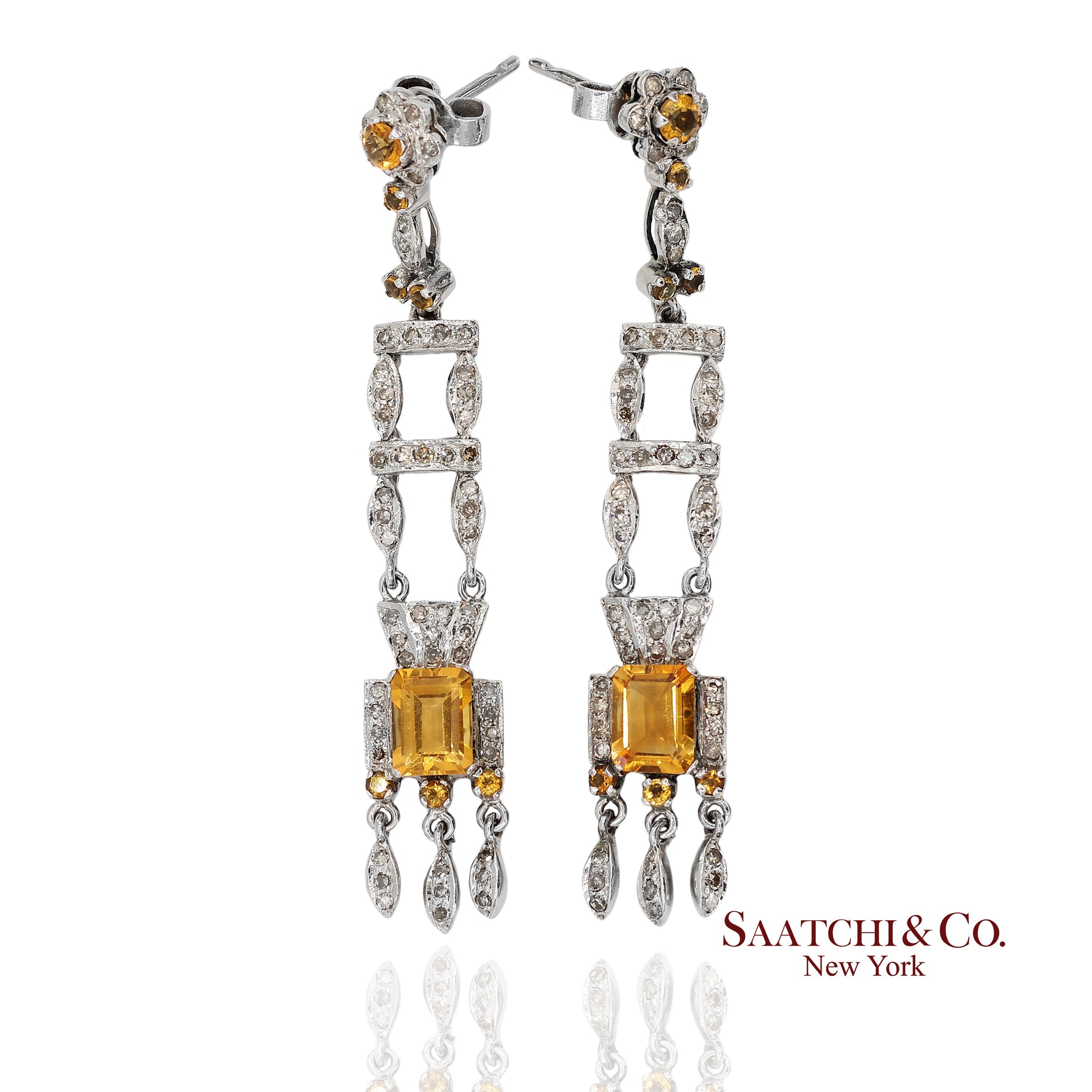 14K(585) White Gold Natural Diamond and Yellow Sapphire Pretty Teardrop Earrings