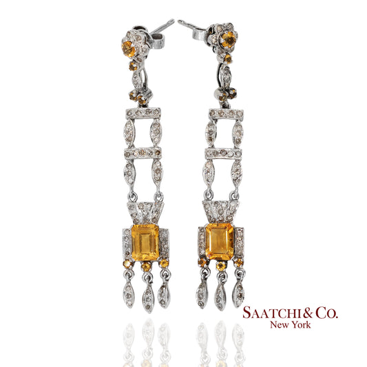 14K(585) White Gold Natural Diamond and Yellow Sapphire Pretty Teardrop Earrings