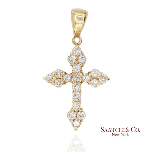 14K(585) Solid Yellow Gold Natural Diamond Cross Pendant Necklace