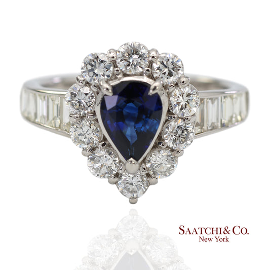 GIA Certified Platinum 900 Blue Sapphire and Natural Diamond Ring