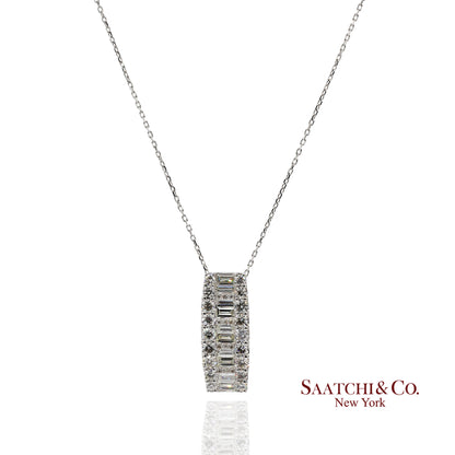 Solid Platinum 900 Baguette & Round Cut Natural Diamond Pendant Necklace