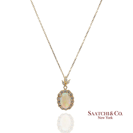 18K 750 Solid Yellow Gold Natural Diamond and Natural Opal Pendant Necklace