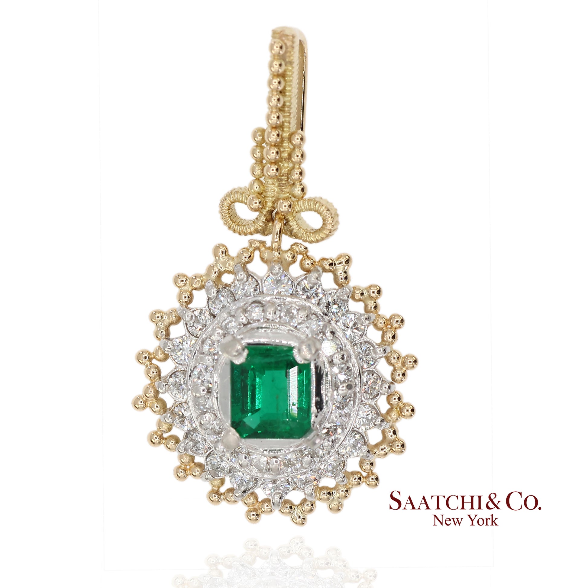18K 750 Solid Yellow Gold & Platinum 900 Natural Diamond and Emerald Pendant