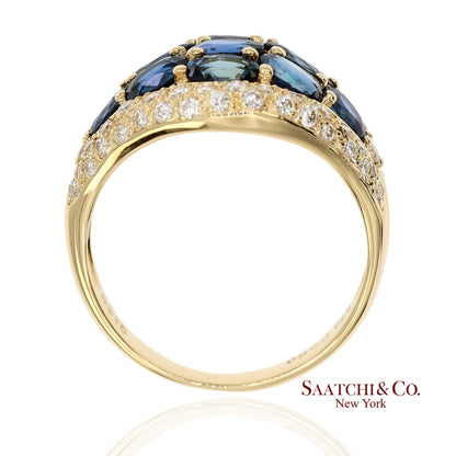 18K 750 Solid Yellow Gold Natural Diamond and Natural Sapphire Ring
