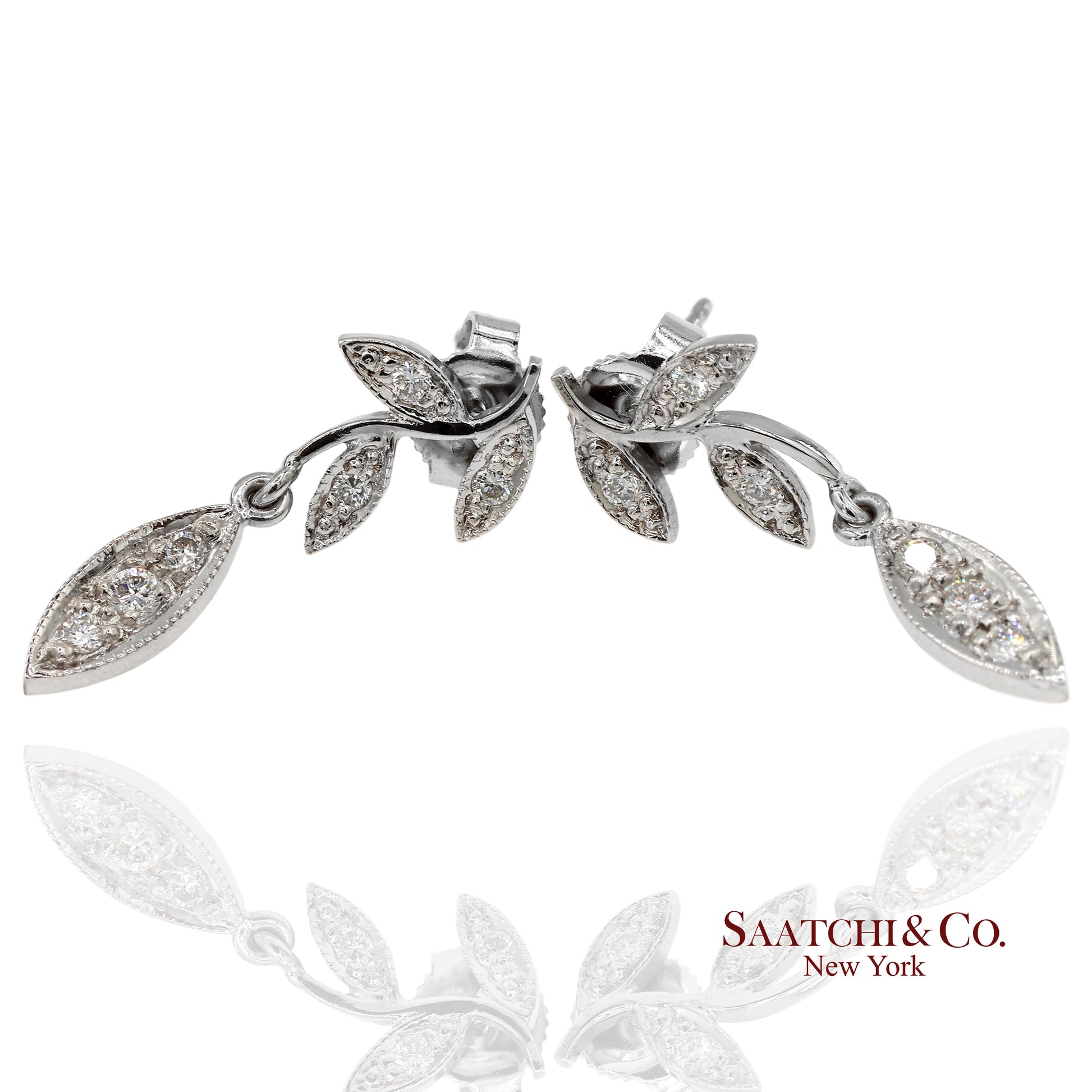 18K 750 Solid White Gold Marquise Shape Natural Diamond Leaf Drop Earrings