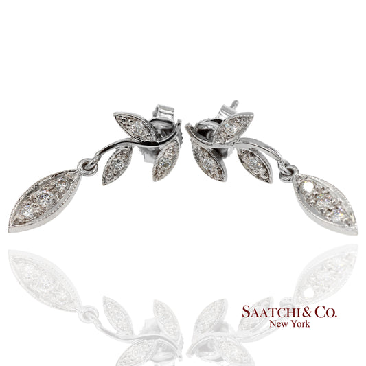 18K 750 Solid White Gold Marquise Shape Natural Diamond Leaf Drop Earrings