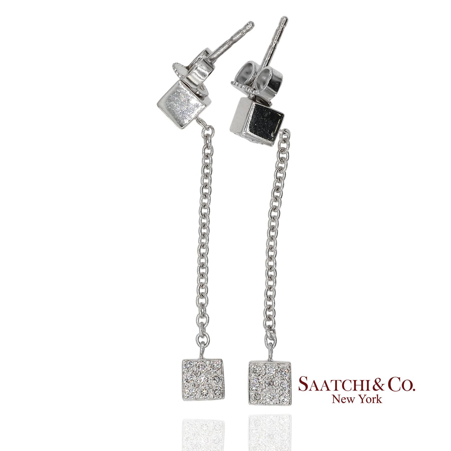 18K 750 Solid White Gold Natural Diamond Box Drop Earrings