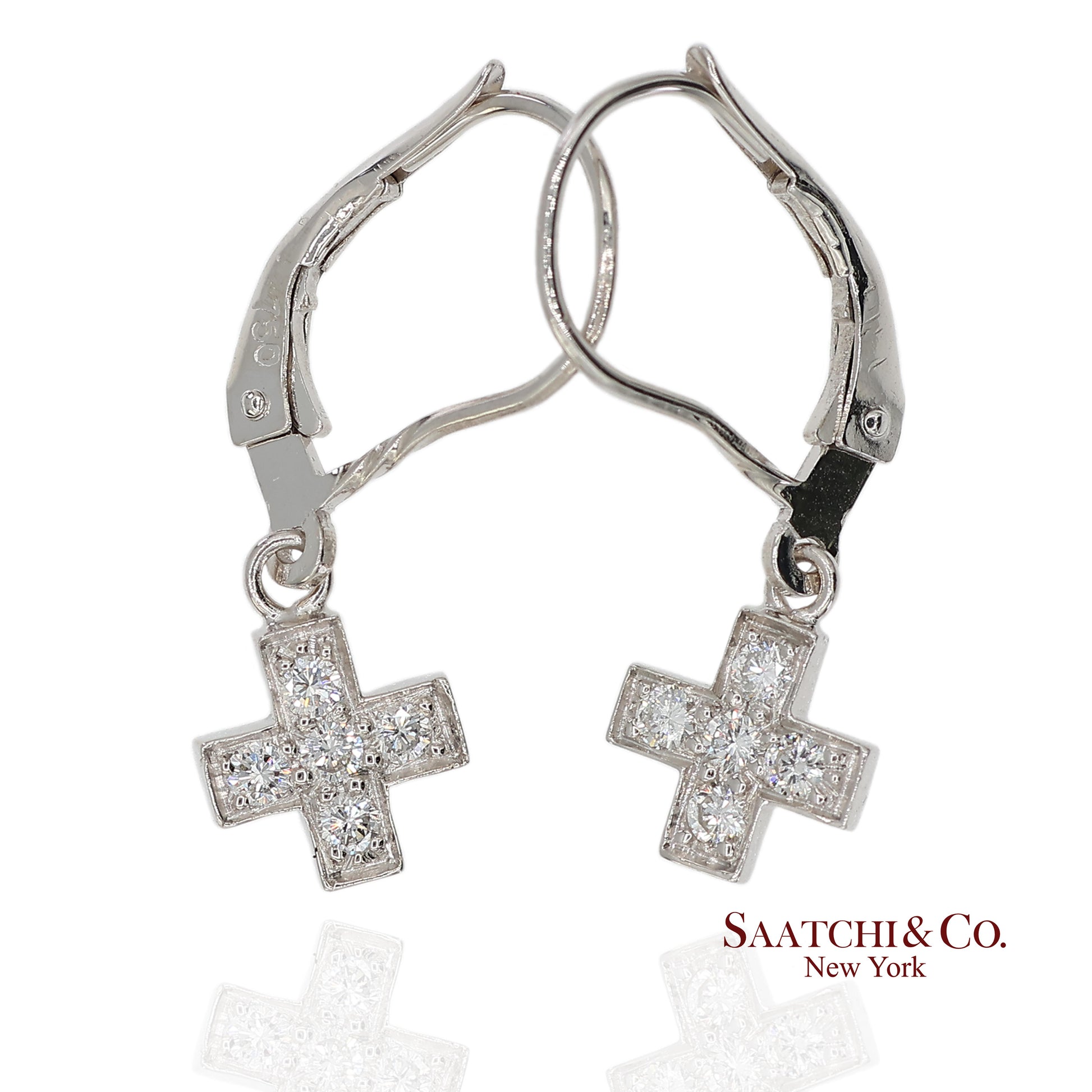 18K 750 Solid White Gold Natural Diamond Drop Hanging Cross Shape Earrings