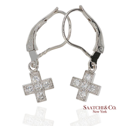 18K 750 Solid White Gold Natural Diamond Drop Hanging Cross Shape Earrings