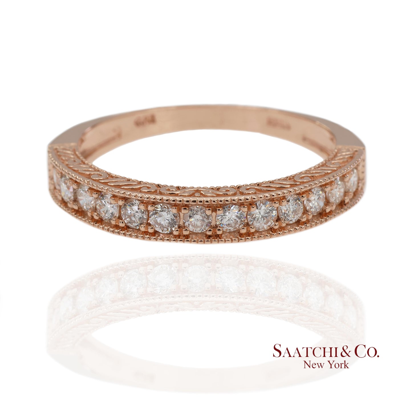 14K 585 Solid Rose Gold Side Engraving Natural Diamond Band Ring
