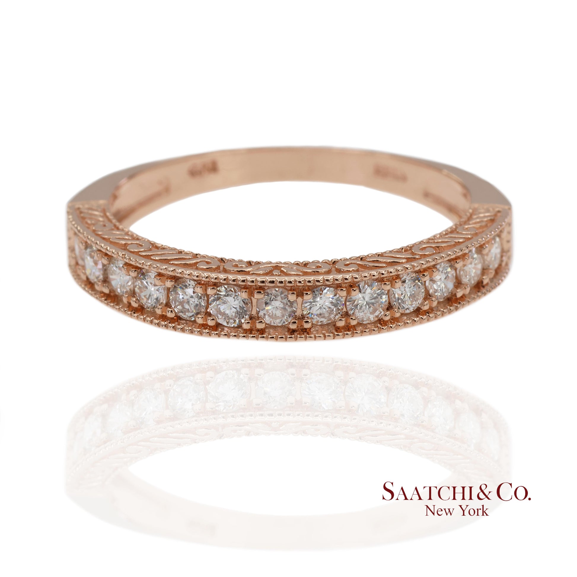 14K 585 Solid Rose Gold Side Engraving Natural Diamond Band Ring