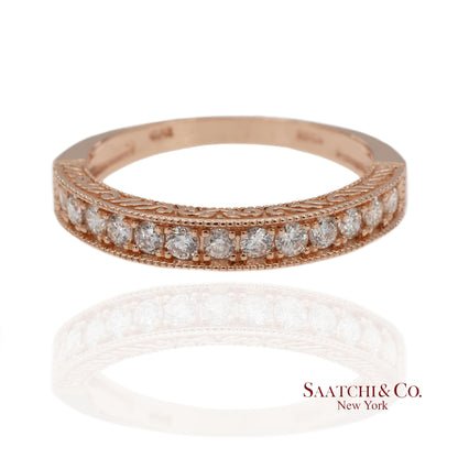 14K 585 Solid Rose Gold Side Engraving Natural Diamond Band Ring