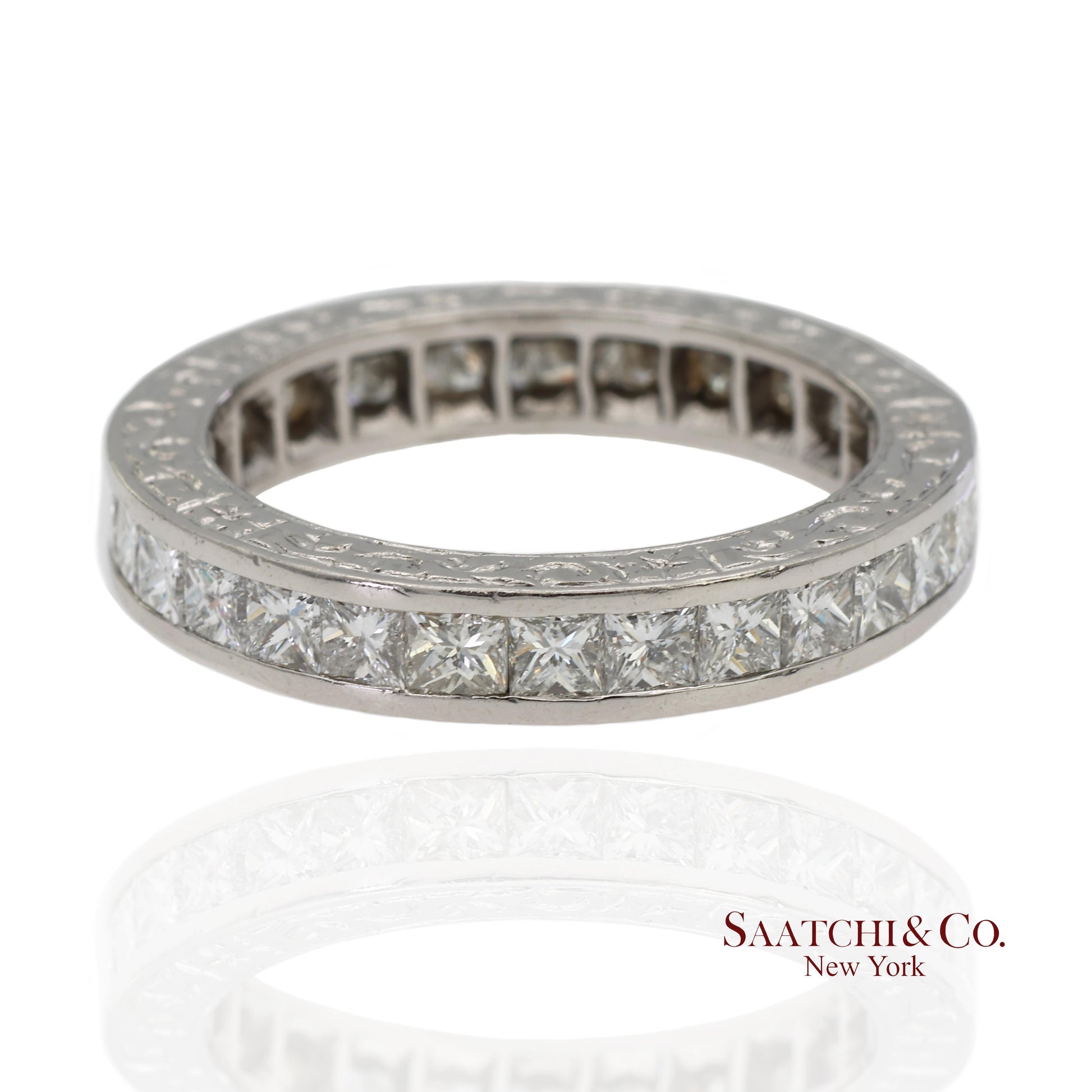 Platinum 950 All Around Natural Diamond Princess Cut Engraving Band Ring