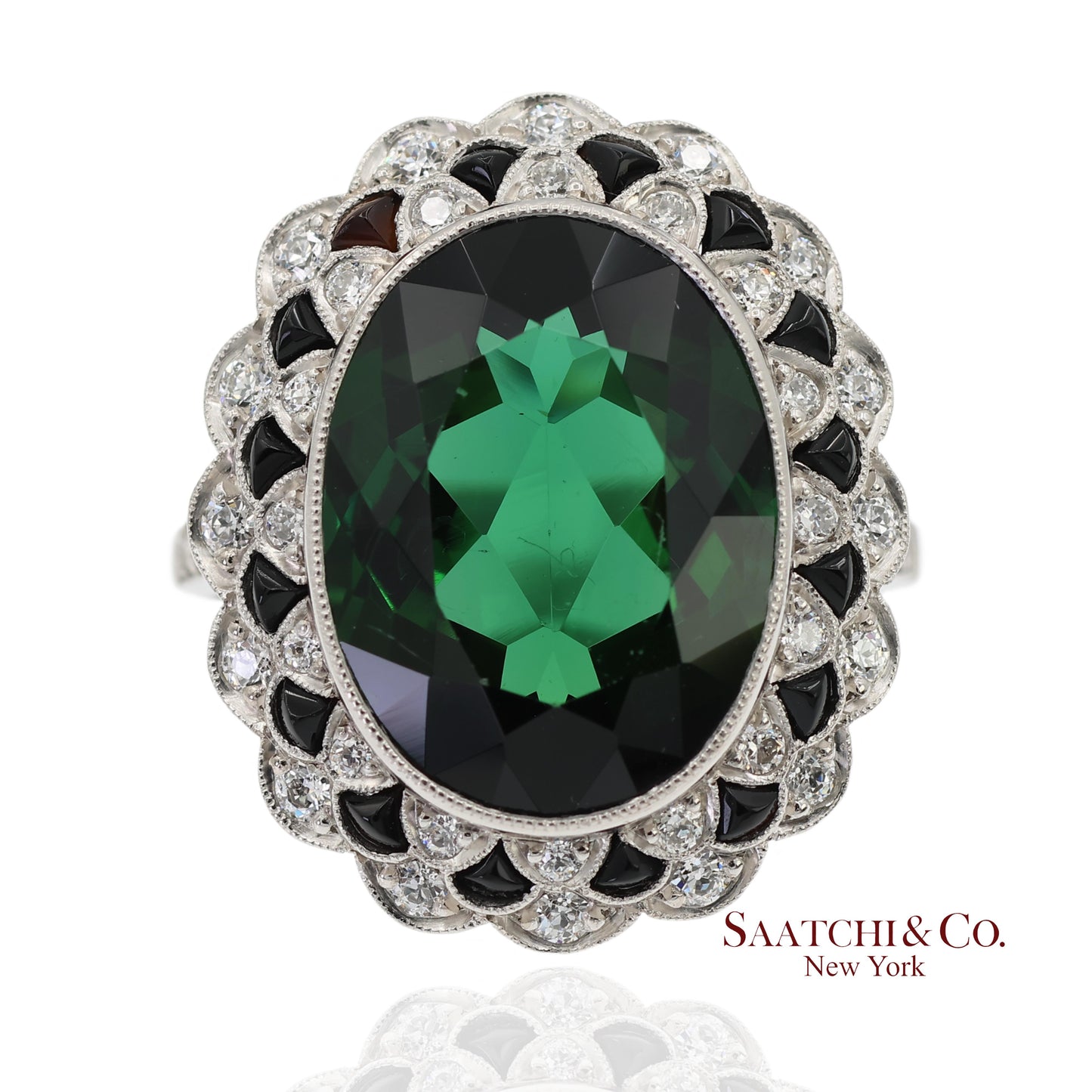 Vintage Platinum 950 Milgrain Natural Diamond and Tourmaline Ring