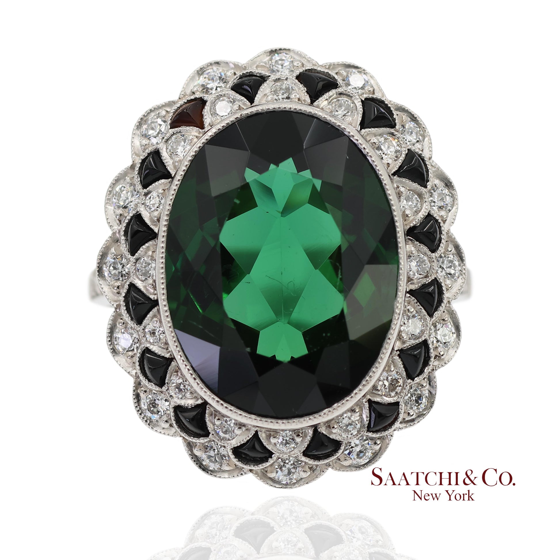 Vintage Platinum 950 Milgrain Natural Diamond and Tourmaline Ring