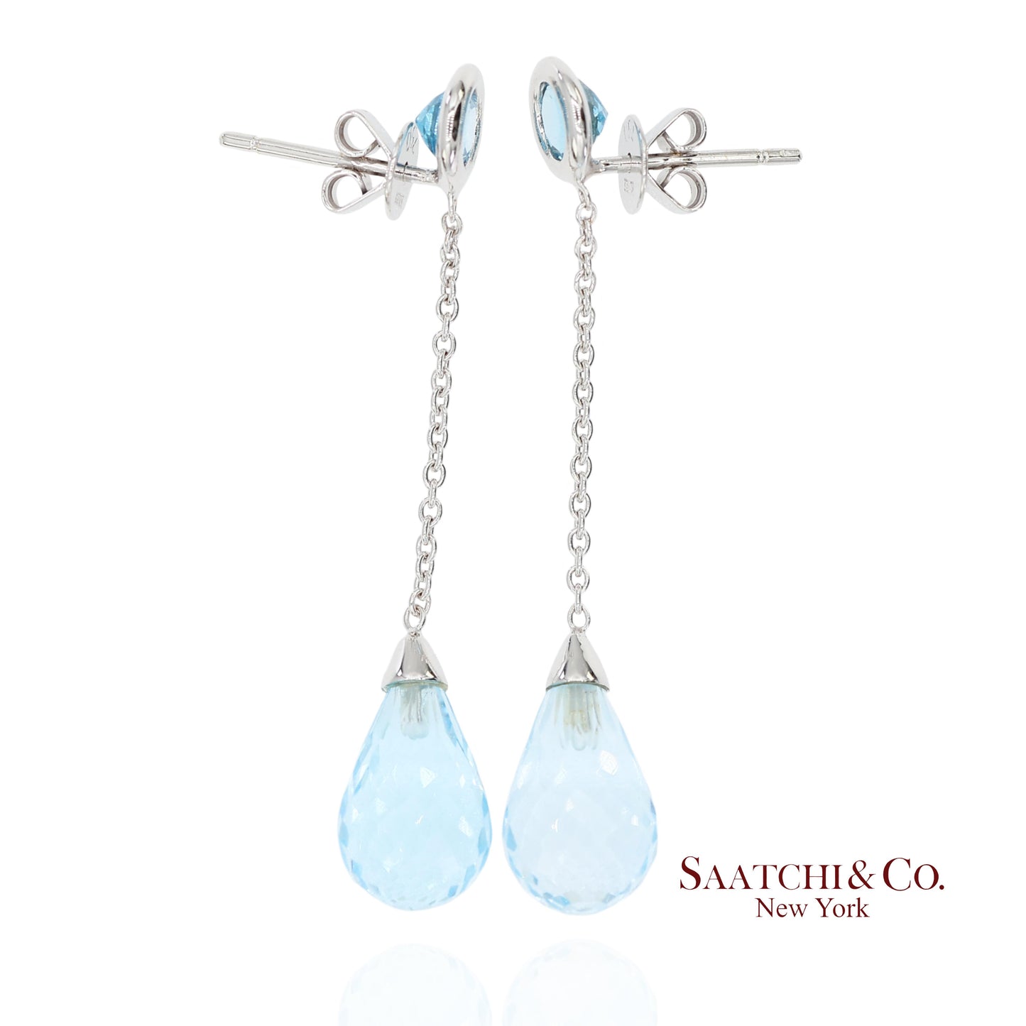 18K 750 Solid White Gold Blue Topaz Drop Earrings