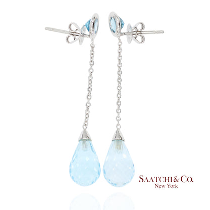18K 750 Solid White Gold Blue Topaz Drop Earrings