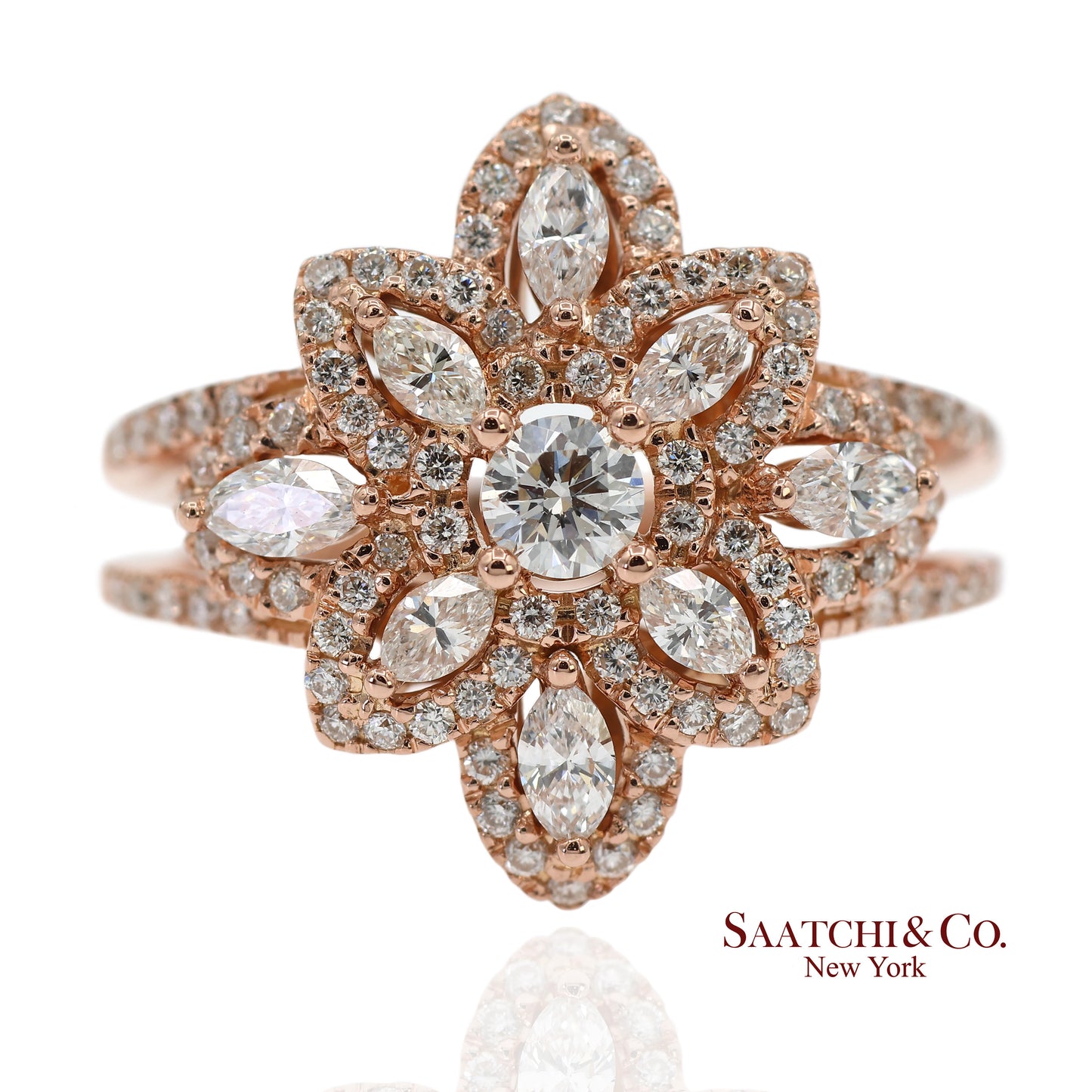 18K 750 Solid Rose Gold Floral Natural Diamond Ring