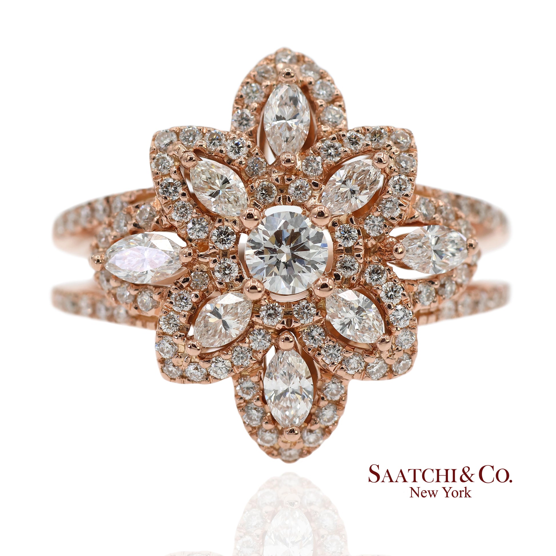 18K 750 Solid Rose Gold Floral Natural Diamond Ring
