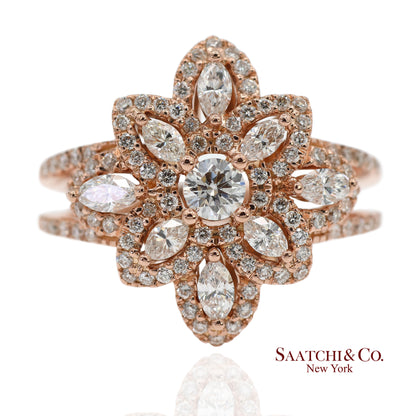 18K 750 Solid Rose Gold Floral Natural Diamond Ring