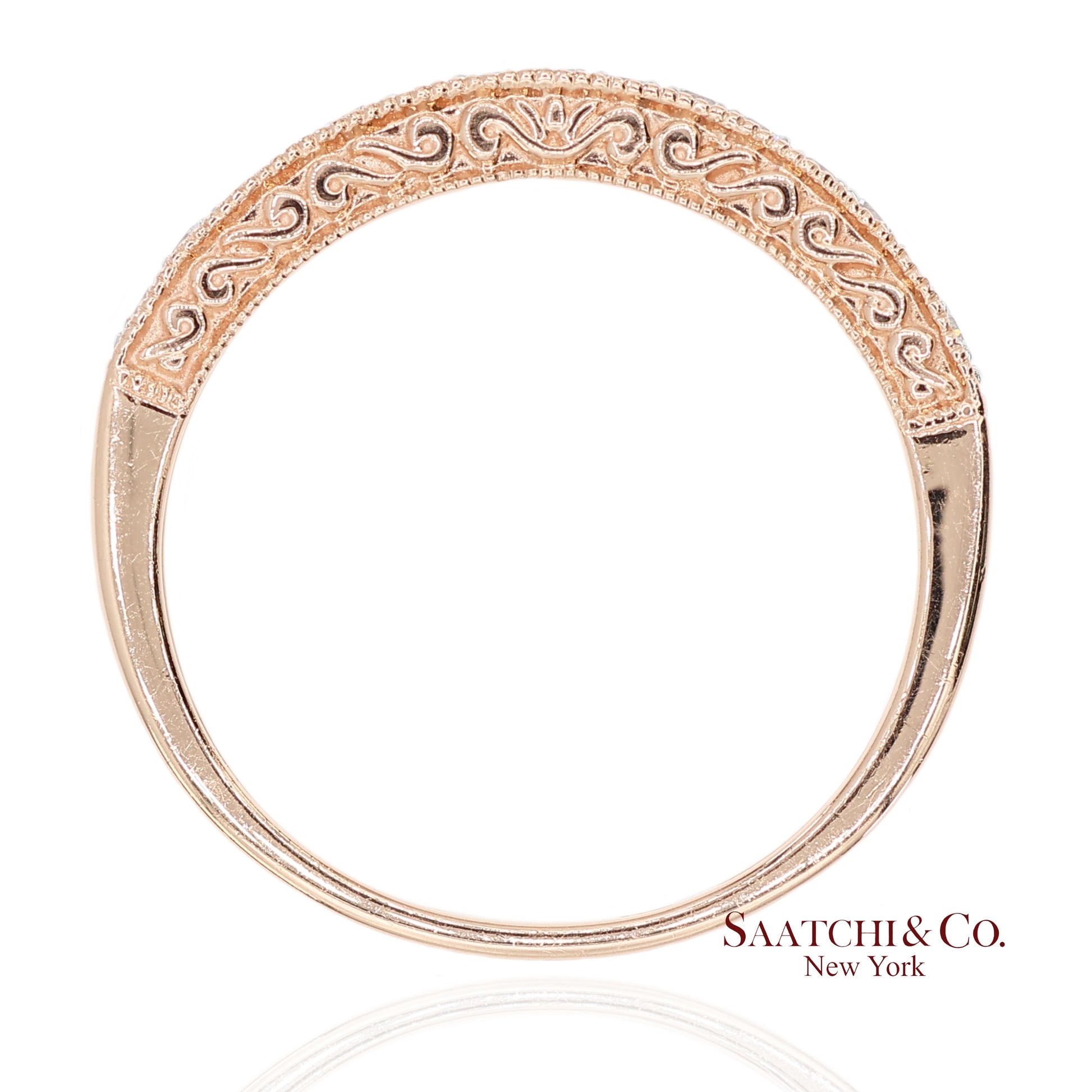 14K 585 Solid Rose Gold Engraving and Milgrain Natural Diamond Band Ring