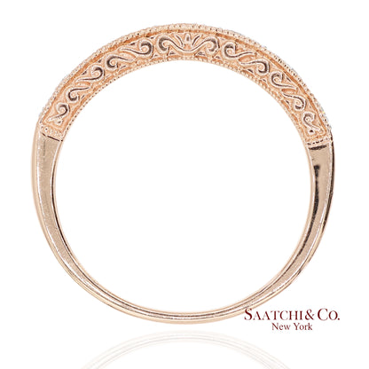 14K 585 Solid Rose Gold Engraving and Milgrain Natural Diamond Band Ring