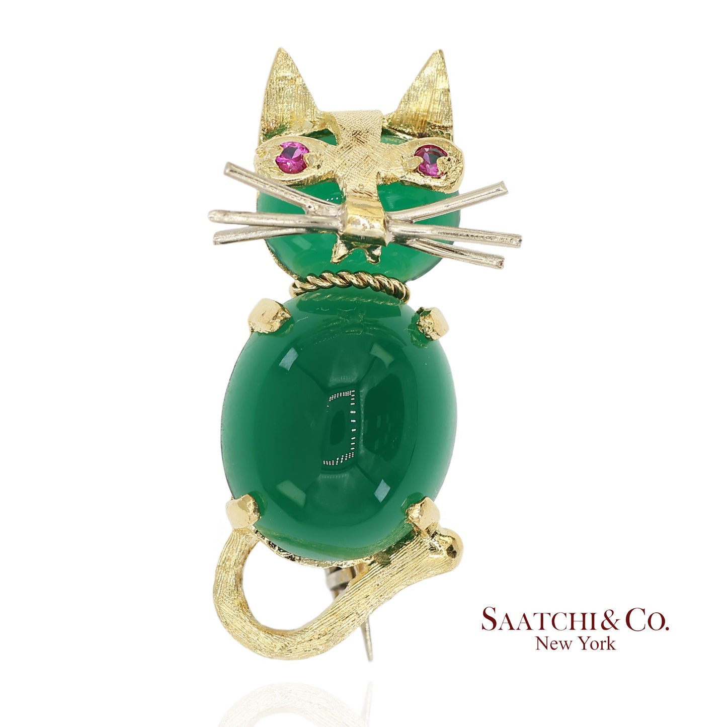 18K 750 Solid Yellow Gold Natural Ruby Eyes & Green Gemstones Cat Pin Brooch