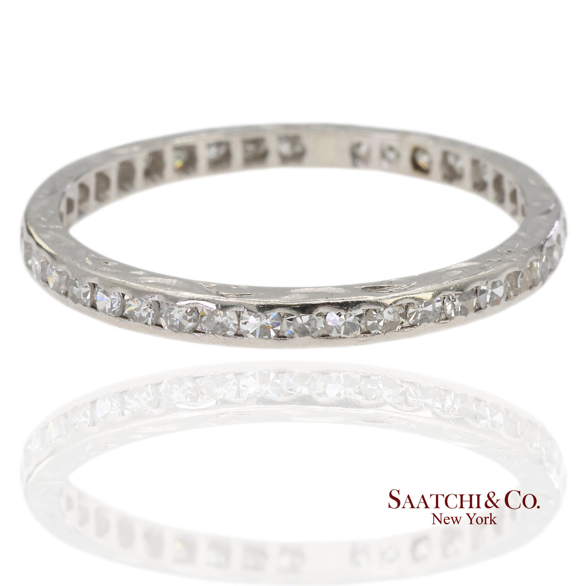 Vintage Platinum 0.60 ct Natural Diamond HandMade Engraved Eternity Band Ring