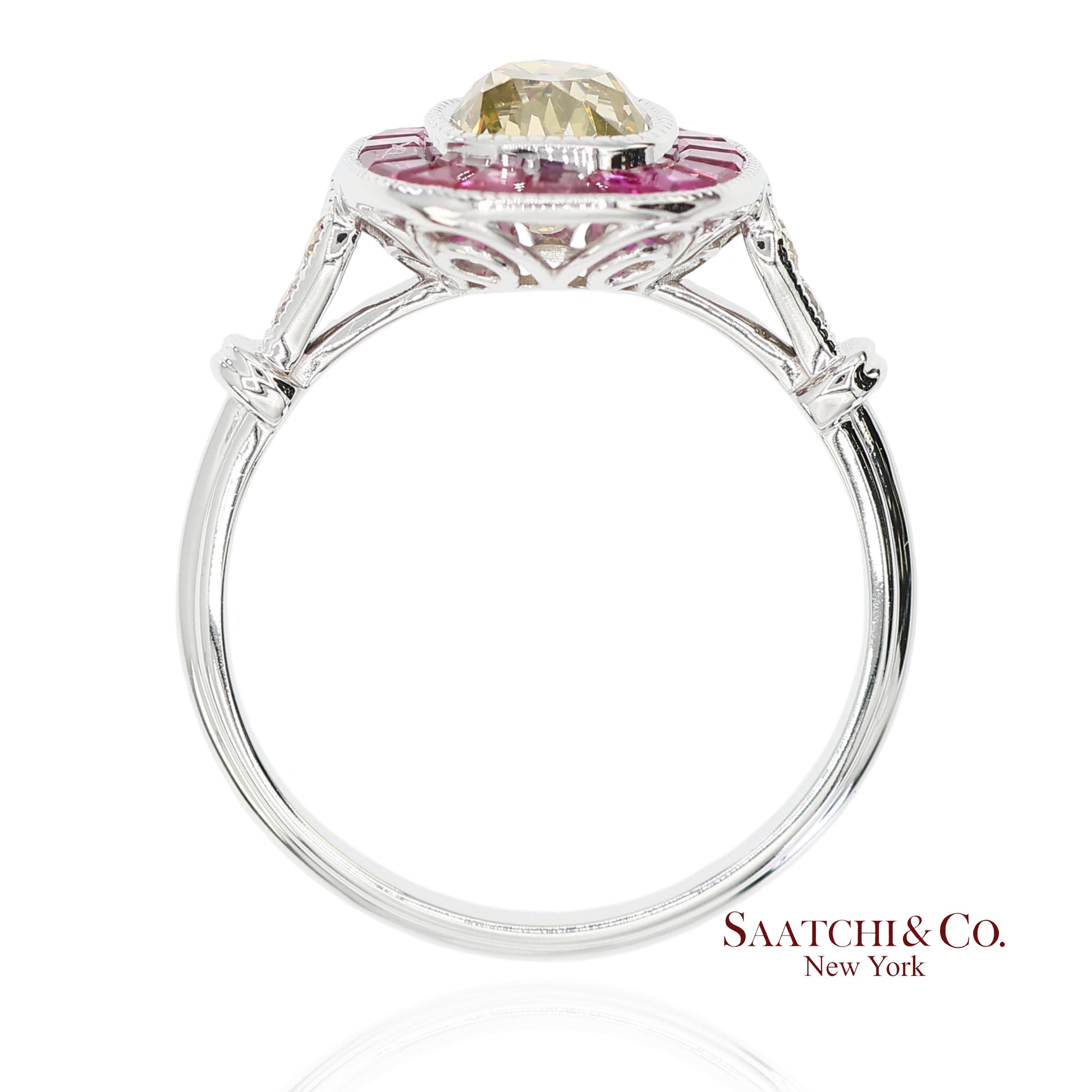 GIA Certified 18K 750 Solid White Gold Natural Diamond and Ruby Engagement Ring