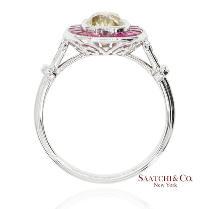 GIA Certified 18K 750 Solid White Gold Natural Diamond and Ruby Engagement Ring