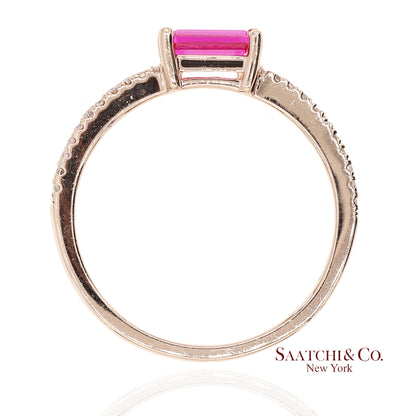 14K 585 Solid Rose Gold Pink Baguette Cut Stone and Natural Diamond Ring