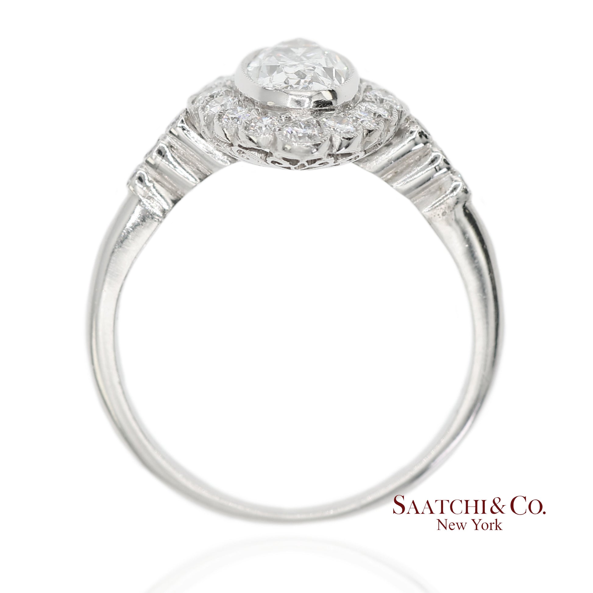 Vintage Platinum 900 Natural Diamond Milgrain Oval Shape Engagement Band Ring