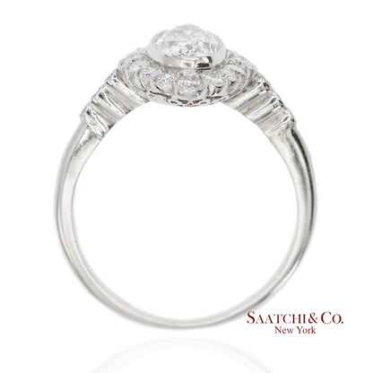 Vintage Platinum 900 Natural Diamond Milgrain Oval Shape Engagement Band Ring