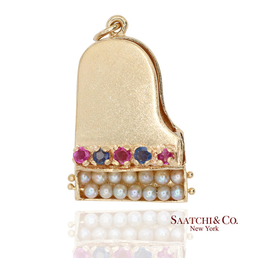 Vintage 14K Solid Yellow Gold Pearl and Multicolor Gemstone Piano Charm Pendant