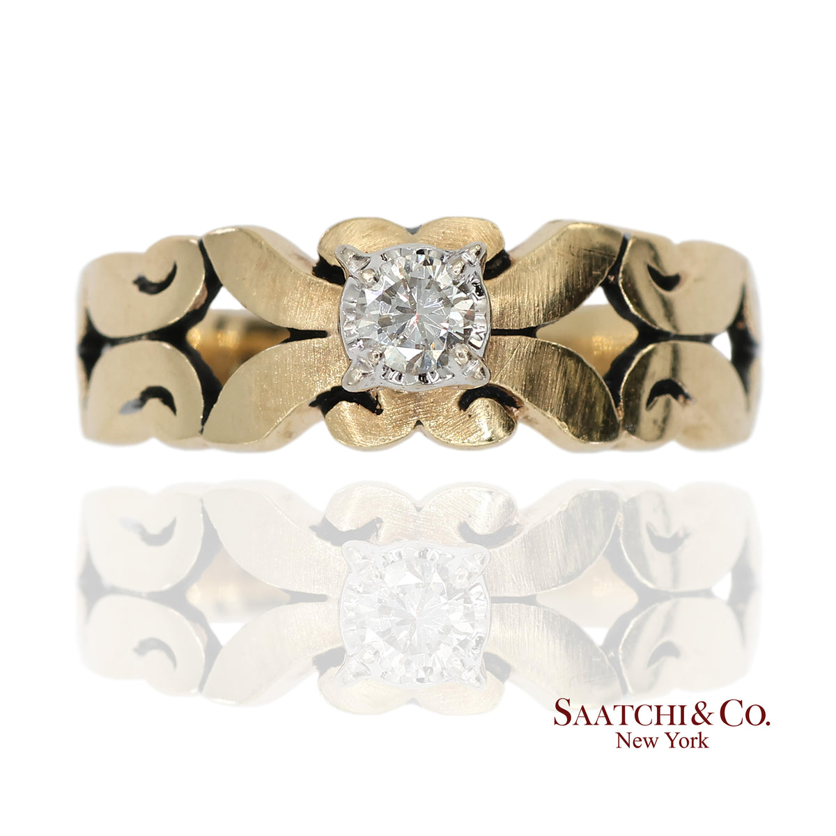0.13 Ct Natural Diamond 14K Yellow Gold Openwork Scroll Design Ring