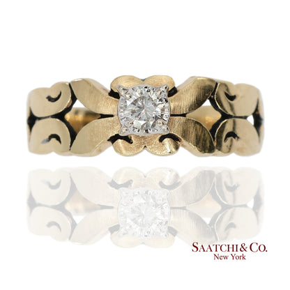 0.13 Ct Natural Diamond 14K Yellow Gold Openwork Scroll Design Ring