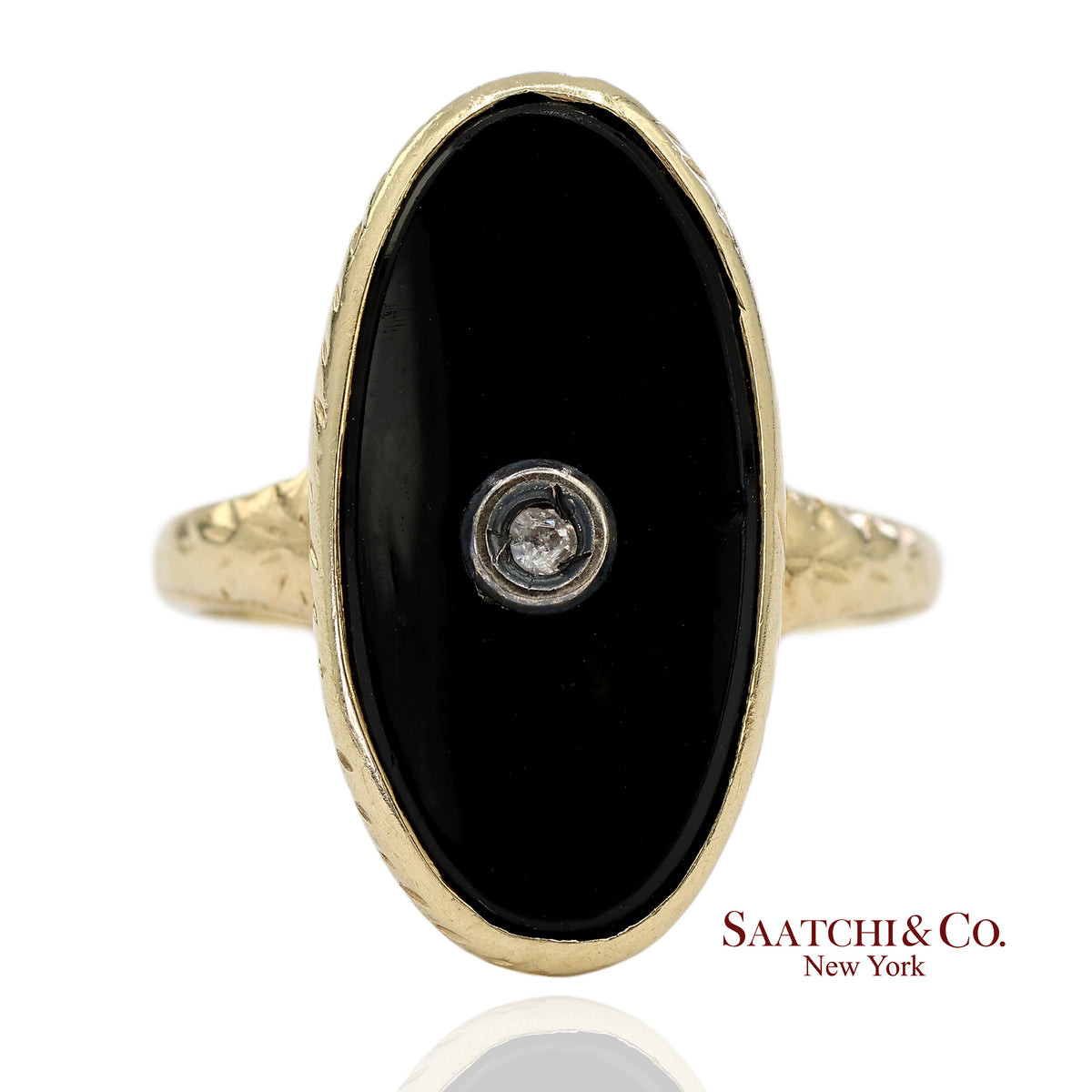 Vintage 14K Solid Yellow Gold Oval Black Onyx and Diamond Ring