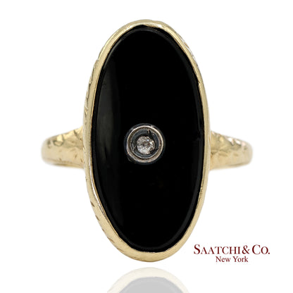 Vintage 14K Solid Yellow Gold Oval Black Onyx and Diamond Ring