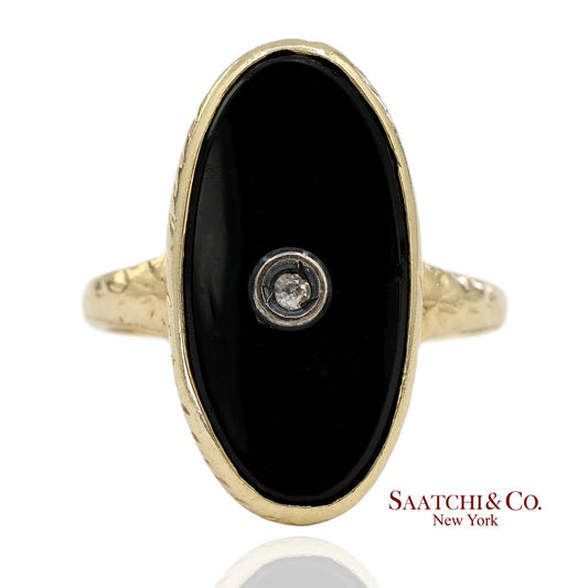 Vintage 14K Solid Yellow Gold Oval Black Onyx and Diamond Ring