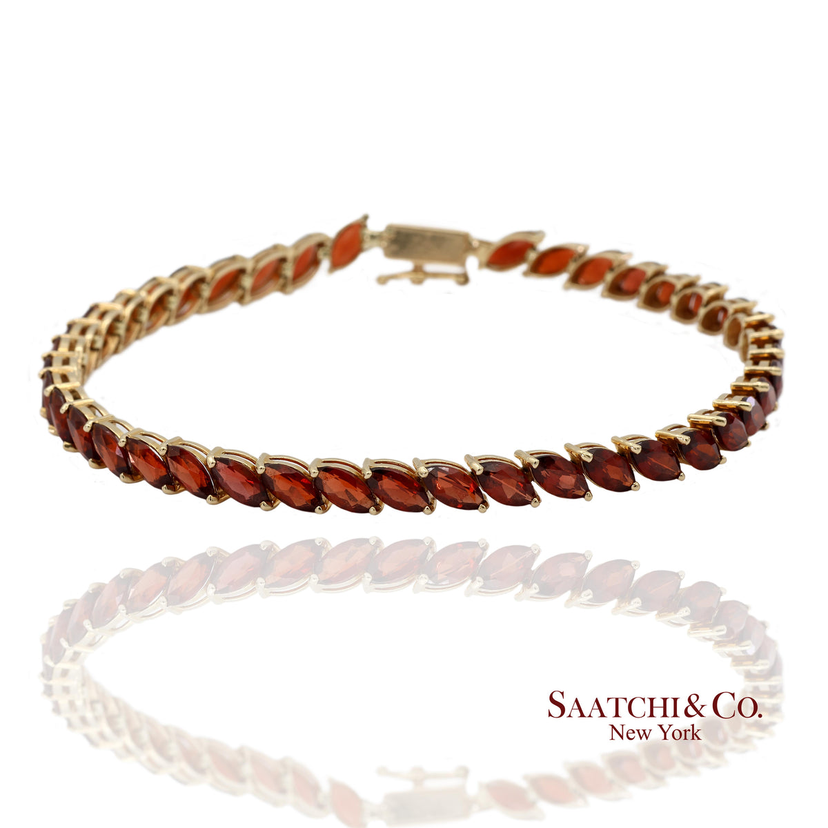 Vintage 14K 585 Solid Yellow Gold Red Garnet Marquise Cut Tennis Bracelet