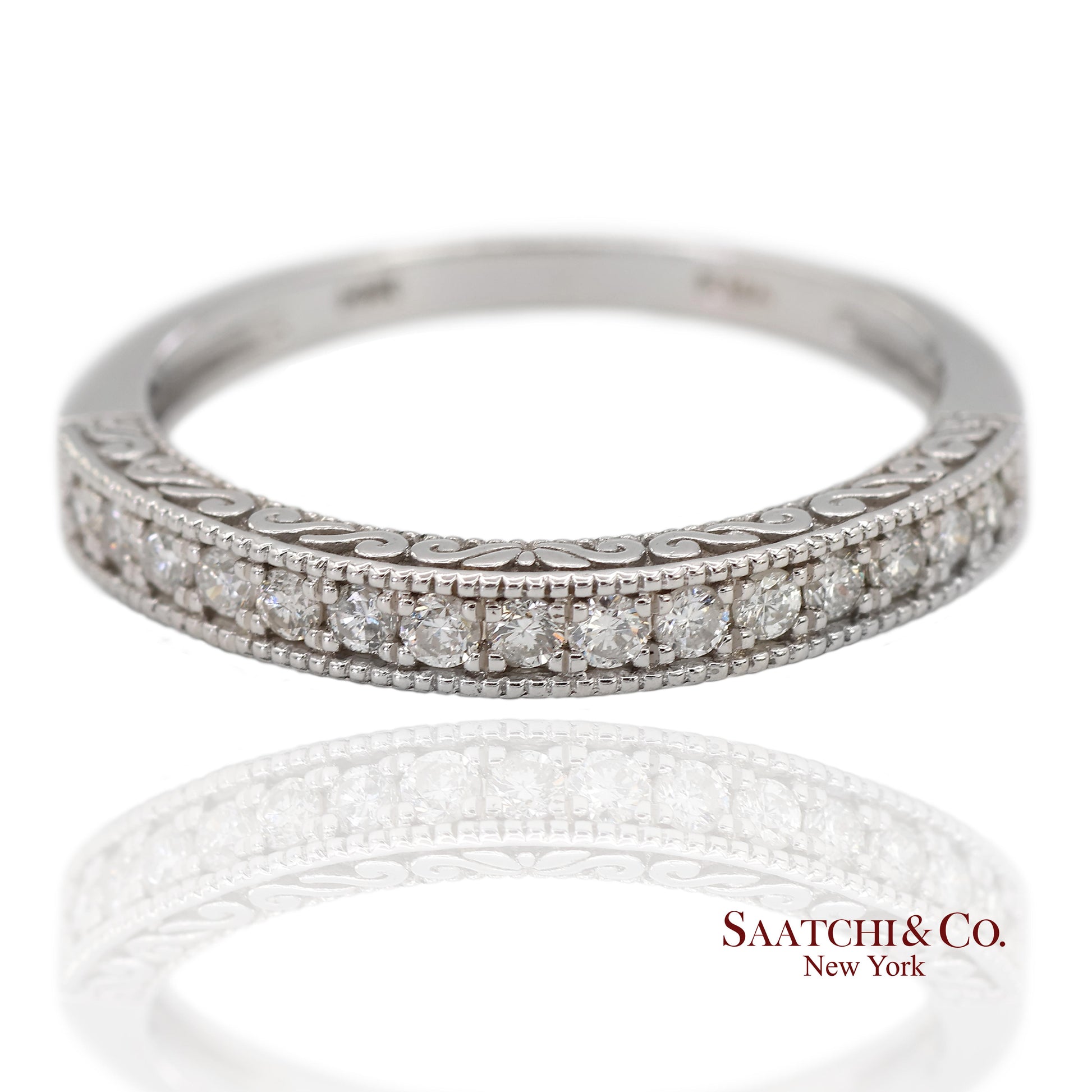 14K 585 Solid White Gold Side Engraving Milgrain Natural Diamond Band Ring