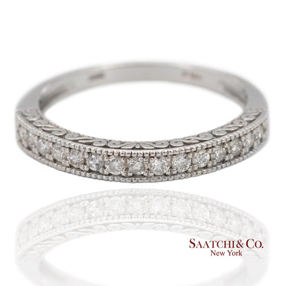14K 585 Solid White Gold Side Engraving Milgrain Natural Diamond Band Ring