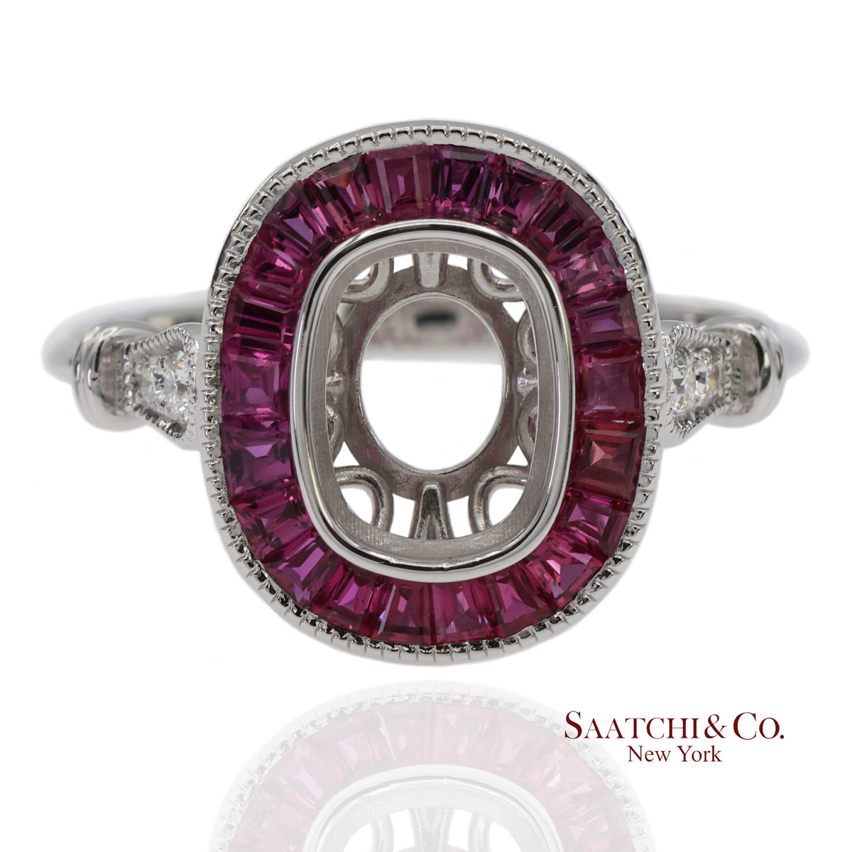 14K White Gold 0.10 ct Natural Diamond and 1.10 ct Natural Ruby Semi Mount Ring