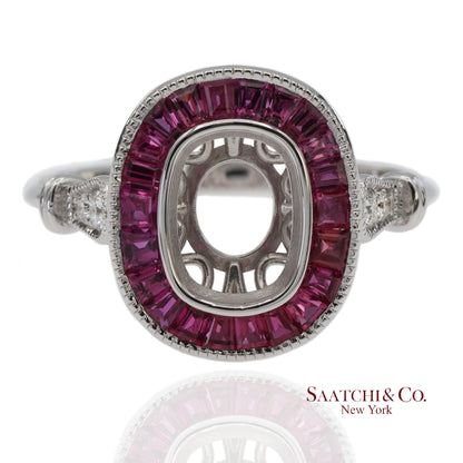 14K White Gold 0.10 ct Natural Diamond and 1.10 ct Natural Ruby Semi Mount Ring