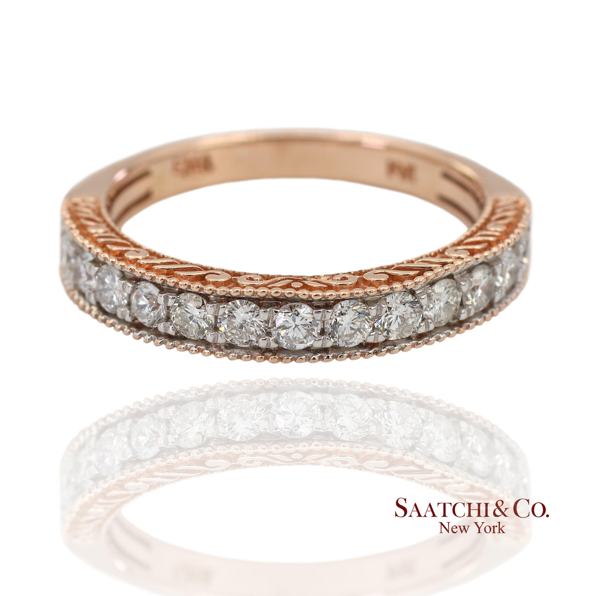 14K 585 Rose Gold Natural Diamond Milgrain Engraved Band Ring