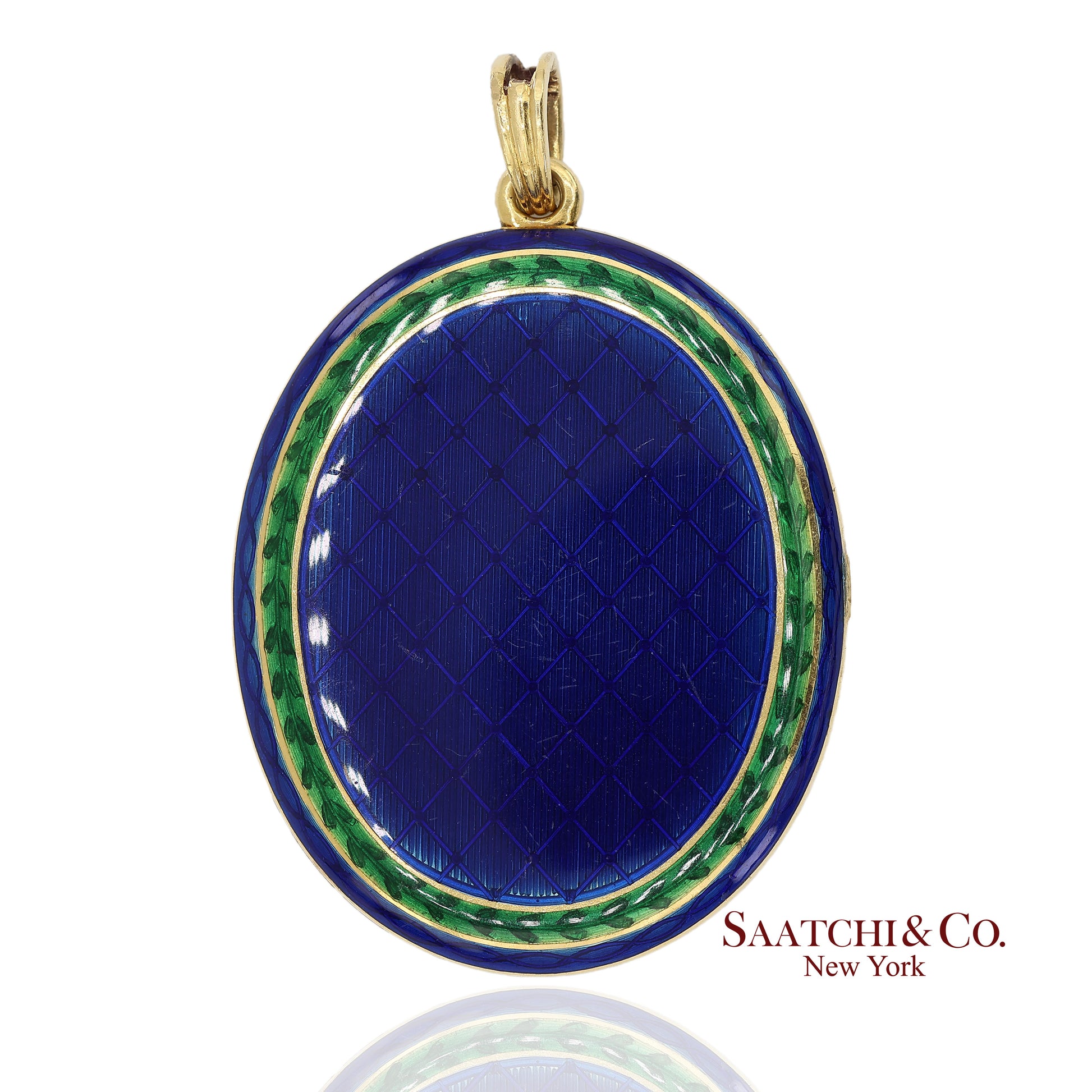 Vintage 18K 750 Yellow Gold Royal Blue & Green Enamel Locket Pendant Necklace