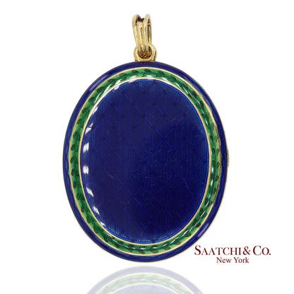 Vintage 18K 750 Yellow Gold Royal Blue & Green Enamel Locket Pendant Necklace