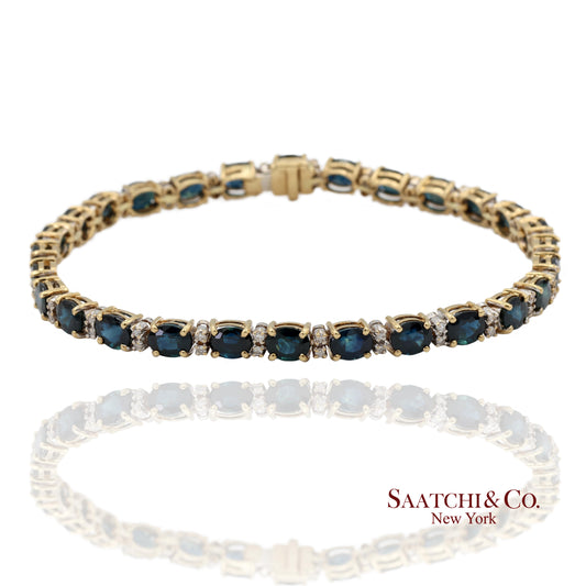 18K 750 Yellow Gold Natural Diamond and Blue Sapphire Tennis Bracelet
