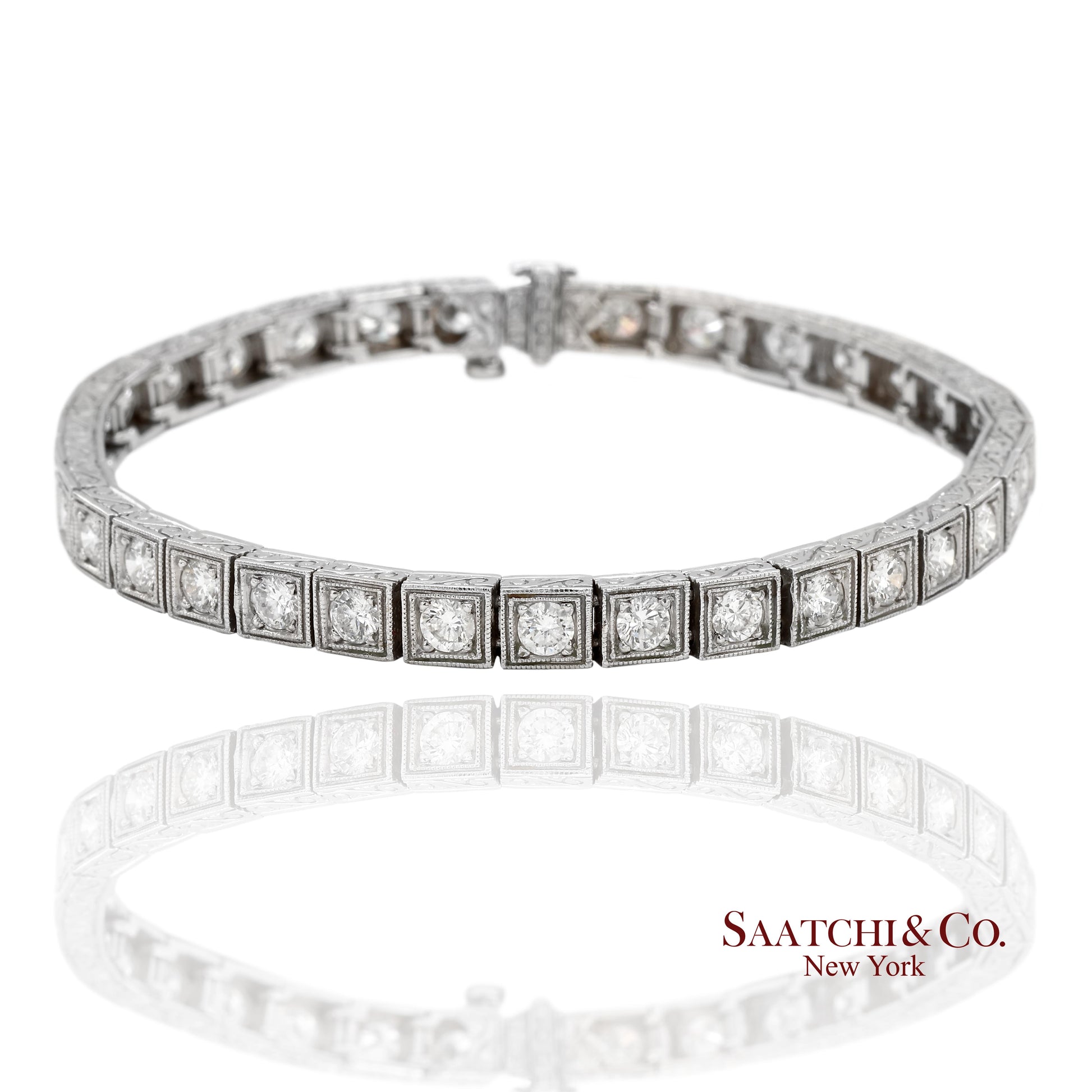 Vintage 18K 750 White Gold Natural Diamond Engraved & Milgrain Tennis Bracelet