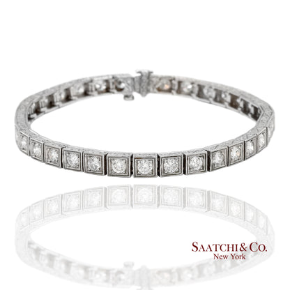 Vintage 18K 750 White Gold Natural Diamond Engraved & Milgrain Tennis Bracelet